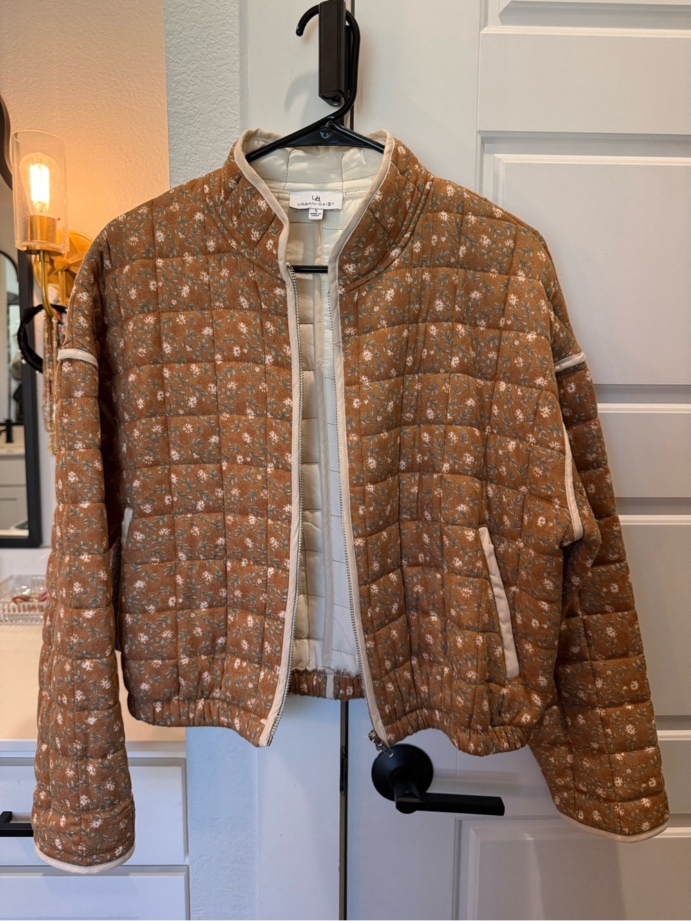 Universal Thread Quilted Floral Puffer Jacket - Tan with Cream Trim